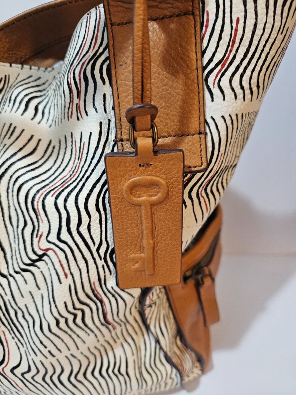 Fossil Bag Tote Leather Ripple Stripe White Camel Casual Office - Picture 2 of 13